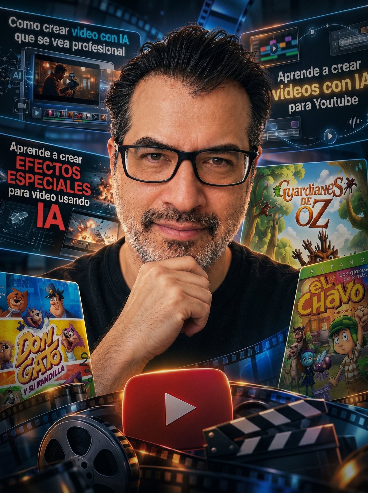 Alberto Mar con lentes frente a gráficos de producción de video y posters de sus películas animadas (Don Gato, El Chavo, Guardianes de Oz) con el botón de YouTube